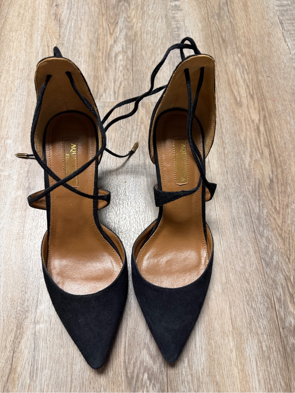Aquazzura Black Suede Pointed Toe Lace-Up Heels